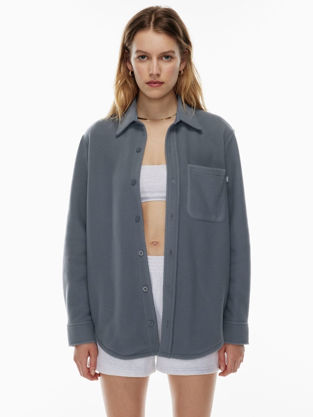 TNA Boyfriend Fit Casual Button-Up Fleece Jacket, blue/grey, size 2